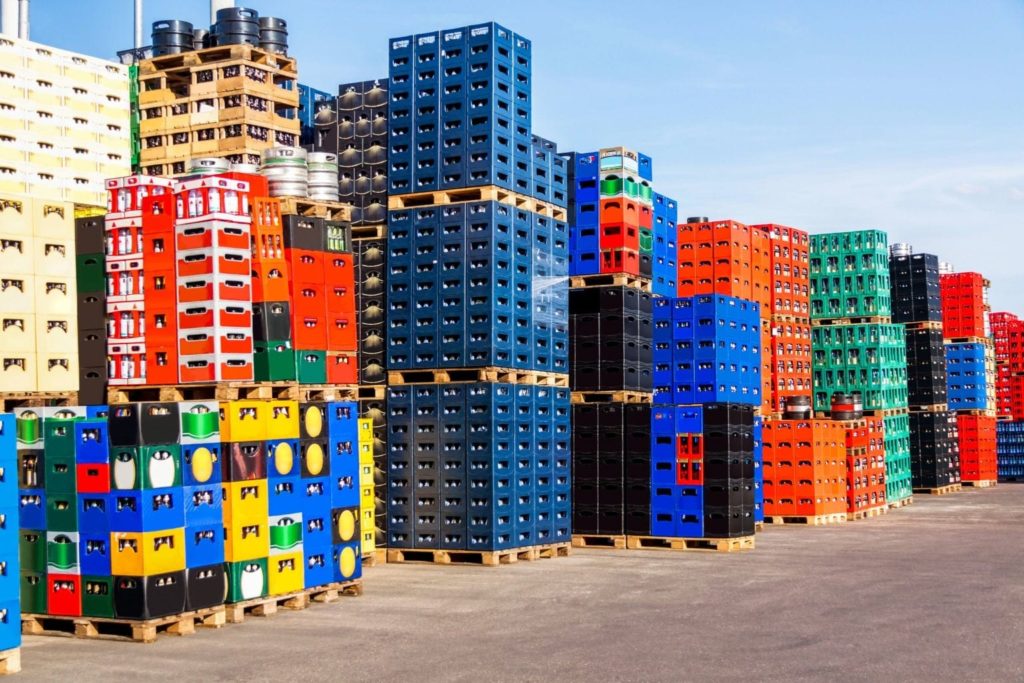 Stacks of beverage bottle crates