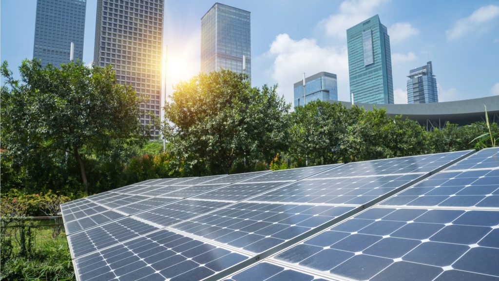 Solar panels in a city.