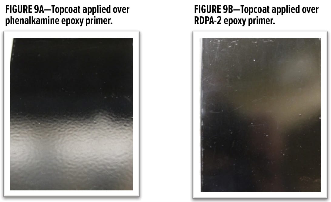 Topcoat applied over phenalkamine epoxy primer. Topcoat applied over RDPA-2 epoxy primer.