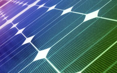 Solar panels in multicolored spectrum light