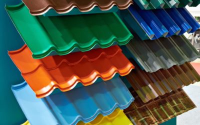Samples of metal tiles roof in the building store