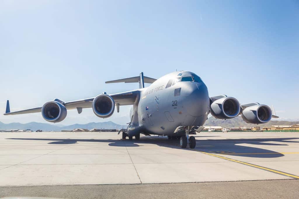 Kabul, Afghanistan - April 30, 2016: Australian Air Force C-17 Military Cargo Transport Aircraft on the taxiway.