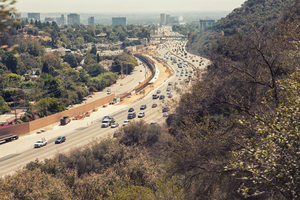 Aerial view of Los Angeles 405 San Diego Freeway from Getty Center drive