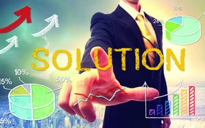 Solution concept with businessman and graphs and arrows