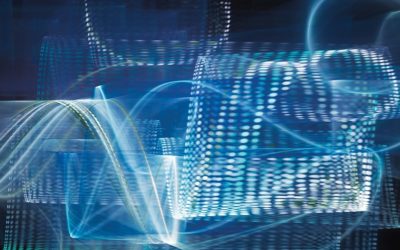 Abstract background element. Three-dimensional composition of glowing wave shapes, and halftone effects. Technology and science concept. Blue and black colors.