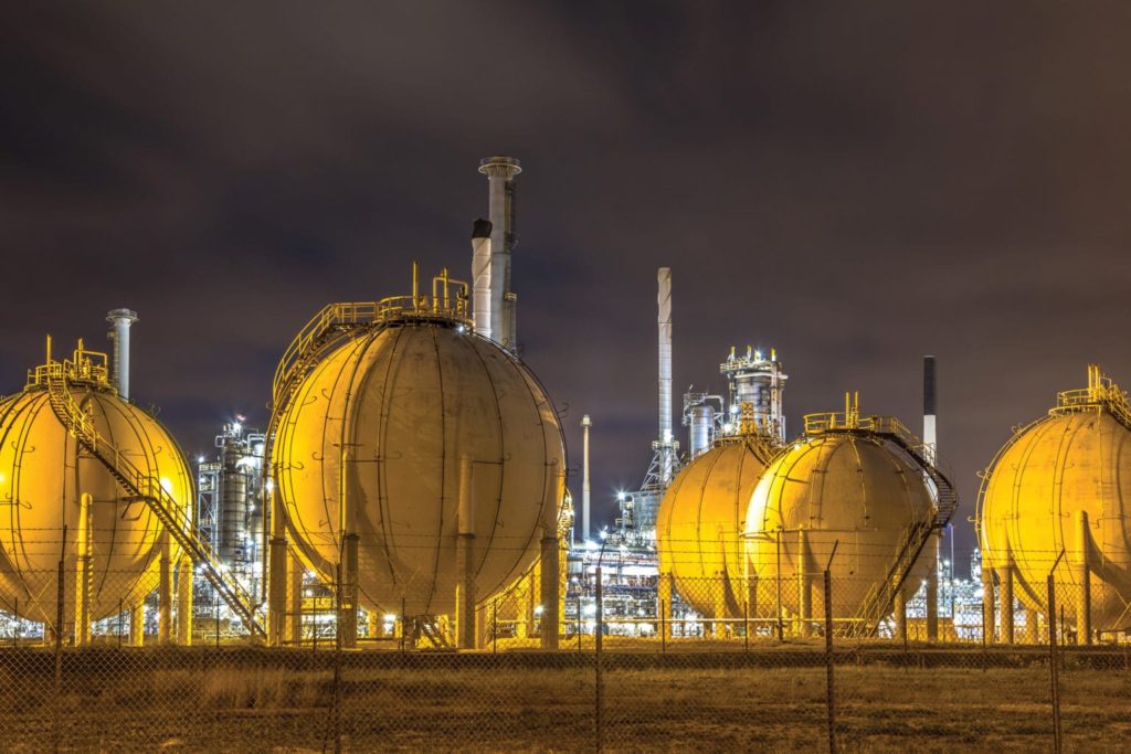 Liquid Natural Gas globe shape containers in Europoort industrial area location Botlek in Port of Rotterdam