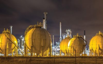 Liquid Natural Gas globe shape containers in Europoort industrial area location Botlek in Port of Rotterdam