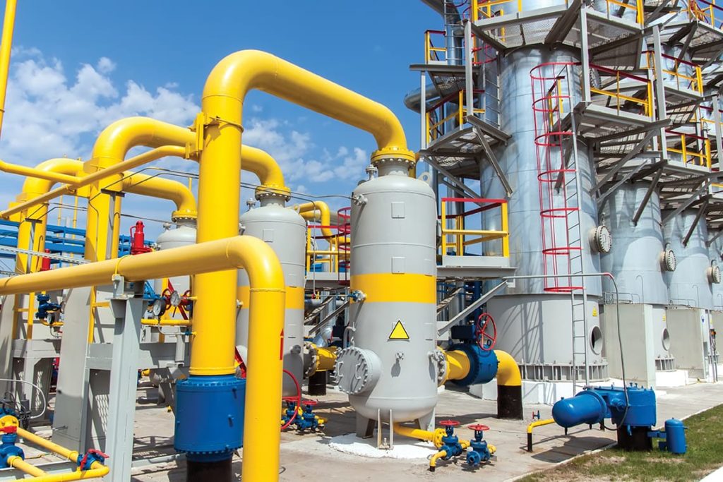 Gas compressor station in Ukraine in bright sunny summer day