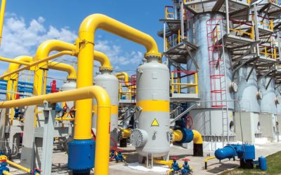Gas compressor station in Ukraine in bright sunny summer day