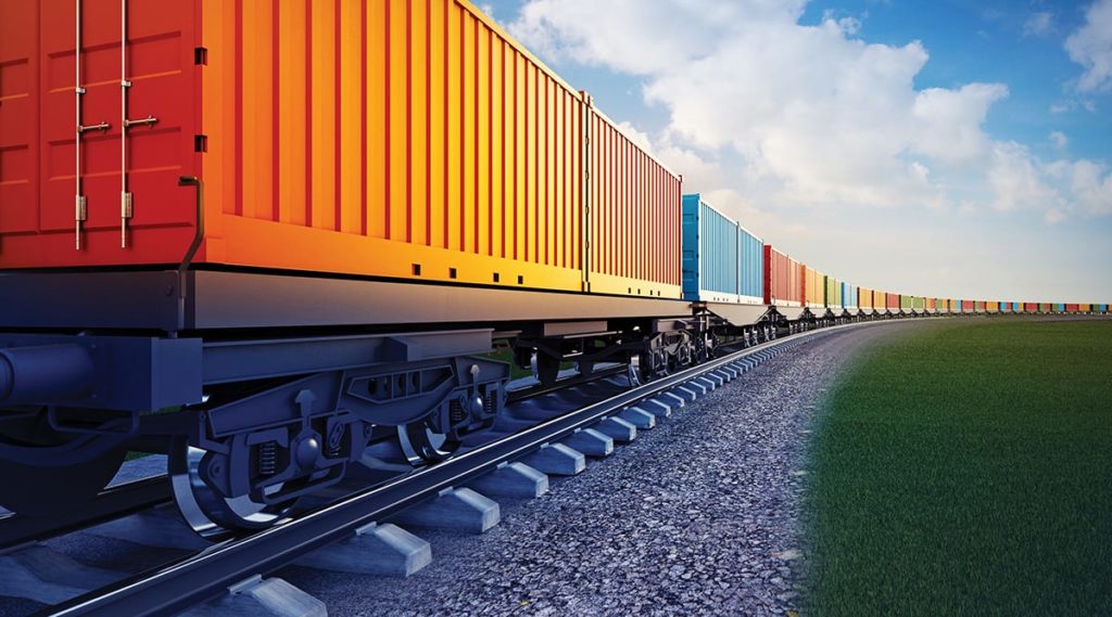 3d illustration of wagon of freight train with containers on the sky background