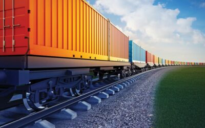 3d illustration of wagon of freight train with containers on the sky background