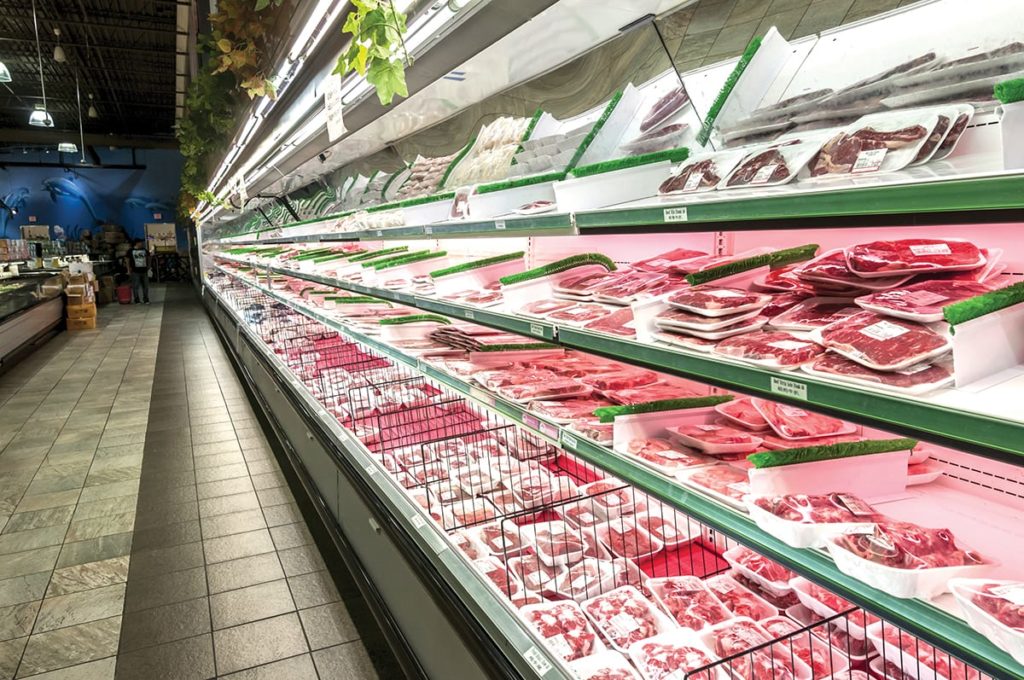 a Super market meat section aisle