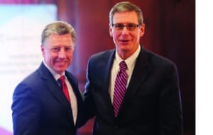 Kurt Volker, former U.S. ambassador to Hungary and NATO, is greeted by ACA’s president, Andy Doyle.