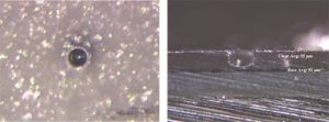 FIGURE 8—A solvent pop in an automotive base/clear (left) and its cross section (right).