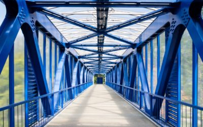 Interior of empty metallic elevated footbridge in the Moscow city.