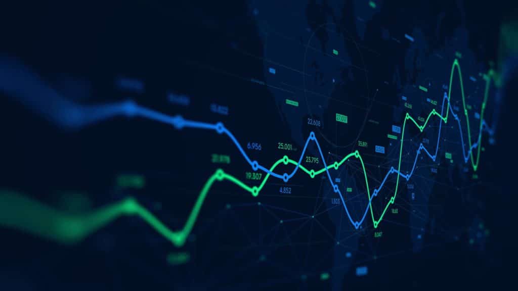 Digital analytics data visualization, financial schedule, monitor screen in perspective for presentations