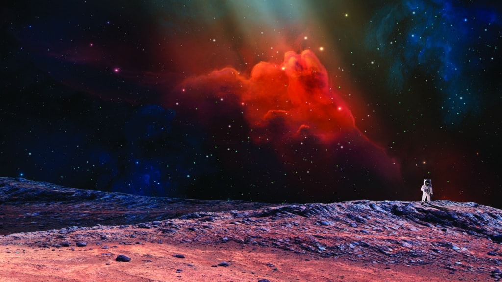 Space scene. Astronaut on planet with colorful nebula. Elements furnished by NASA. 3D rendering