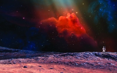 Space scene. Astronaut on planet with colorful nebula. Elements furnished by NASA. 3D rendering