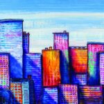 Artistic painting of skyscrapers.Abstract style.Cityscape panorama.