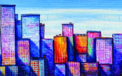 Artistic painting of skyscrapers.Abstract style.Cityscape panorama.