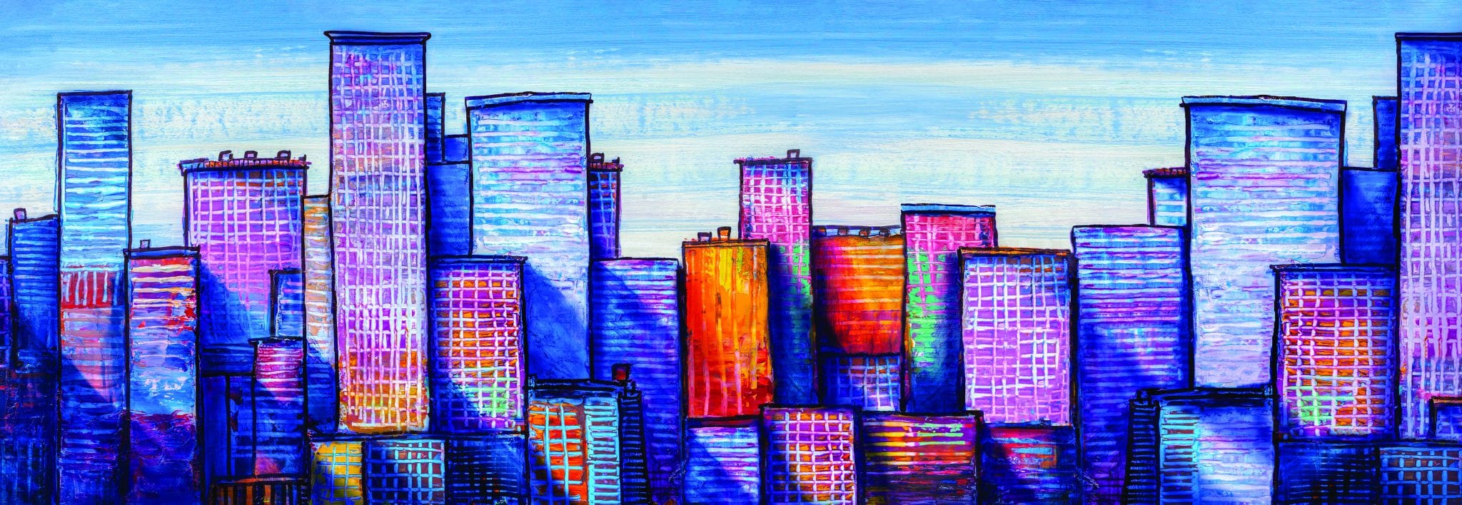 Artistic painting of skyscrapers.Abstract style.Cityscape panorama.