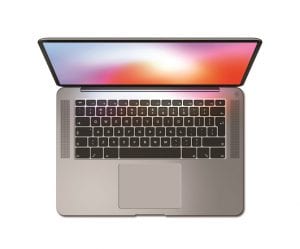 Open laptop top view with colorful screen, isolated on white. Dark silver. 3D render illustration
