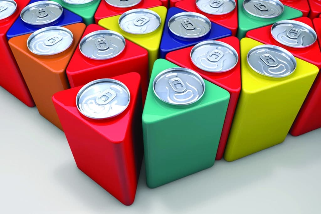 Innovative marketing idea: 3D triangle packaged color cans ranked on market shelves. New efficient packaging and stacking technology idea.