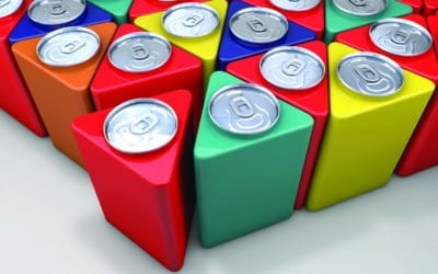 Innovative marketing idea: 3D triangle packaged color cans ranked on market shelves. New efficient packaging and stacking technology idea.