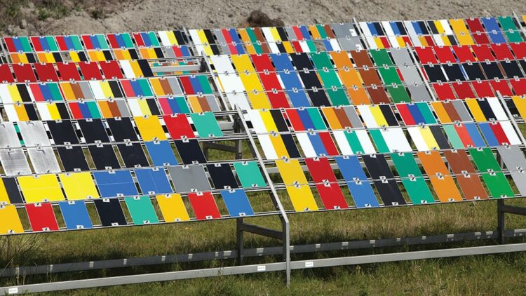 paint colors are tested by exposing them to the fierce summer sunlight on norderney in northern germany