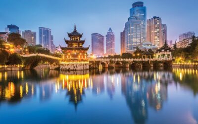 Cityscape of Guiyang at night, Jiaxiu Pavilion on the Nanming River. Located in Guiyang City, Guizhou Province, China.