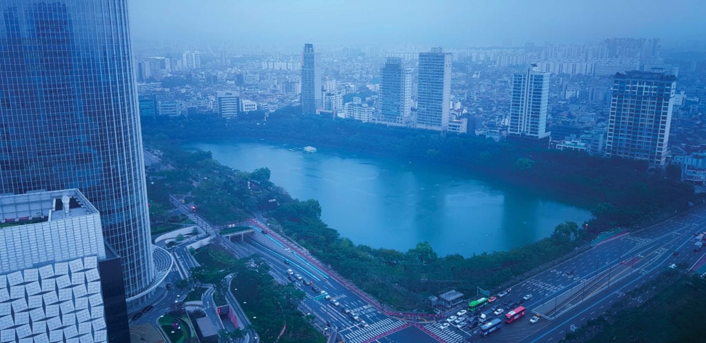 Calm and serene lake between complex surroundings