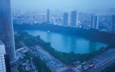 Calm and serene lake between complex surroundings