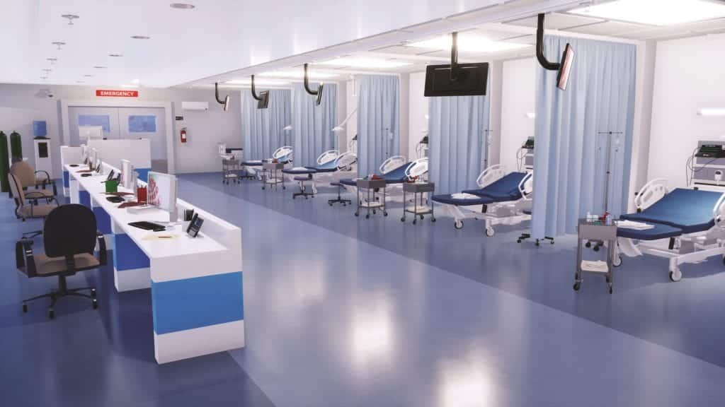 Interior of emergency room in modern clinic with row of empty hospital beds, nurses station and various medical equipment. 3D illustration on health care theme from my own 3D rendering file.