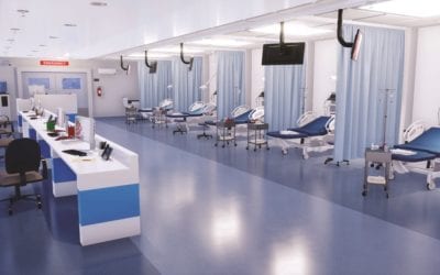 Interior of emergency room in modern clinic with row of empty hospital beds, nurses station and various medical equipment. 3D illustration on health care theme from my own 3D rendering file.