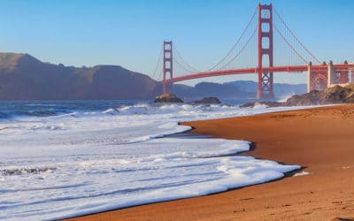 Golden Gate Bridge in San Francisco from Baker Beach at sunset