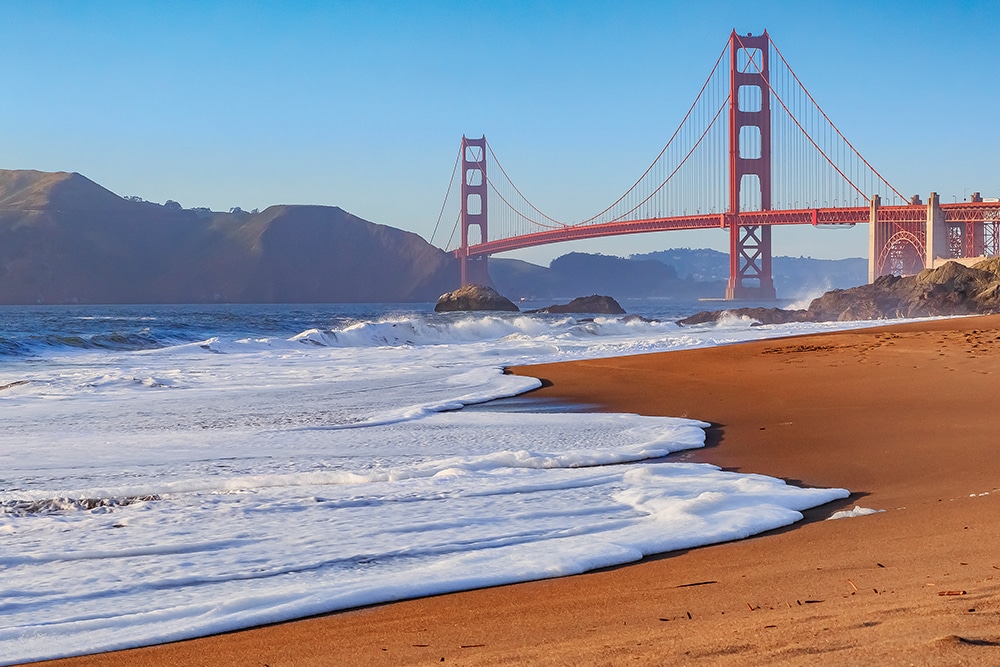 Golden Gate Bridge in San Francisco from Baker Beach at sunset