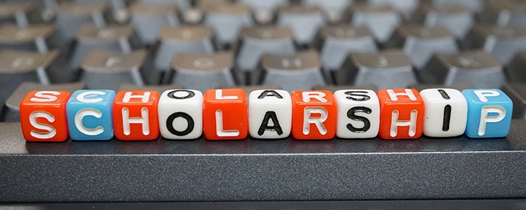 The word "scholarship" can be read on a row of dice etched with each letter.