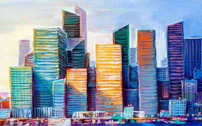 Abstract painting of urban skyscrapers.