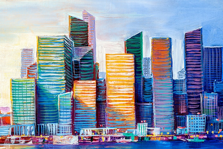 Abstract painting of urban skyscrapers.