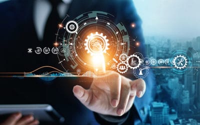Industry 4.0, Businessman touching brain in cogwheel, Innovative and futuristic, Business process workflow development and optimisation of construction industrial on city background.