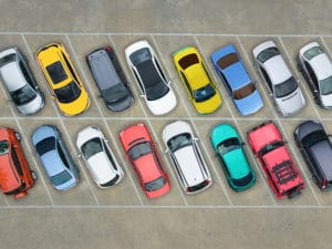 aerial shot of cars in parking lot