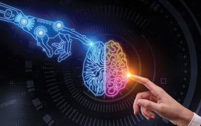 Hand pointing at glowing digital brain. Artificial intelligence and future concept. 3D Rendering