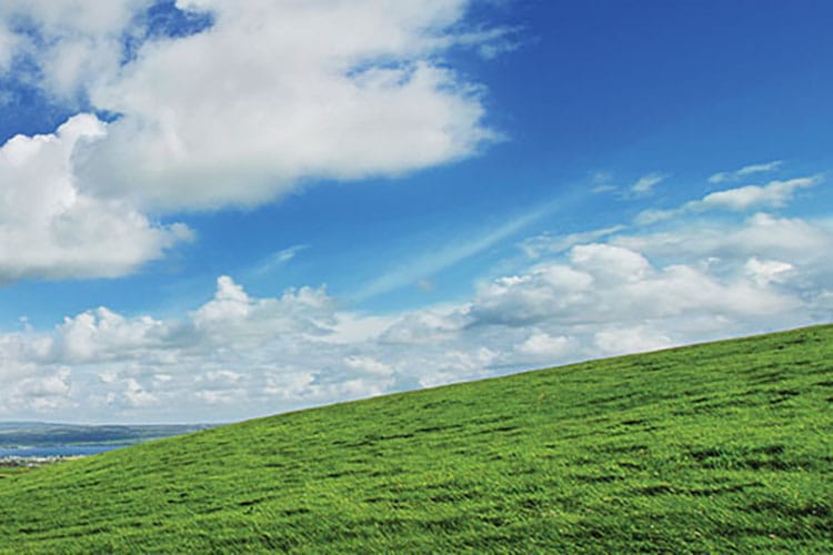 green field and blue sky with clouds