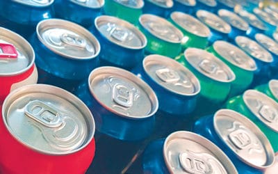 Rows of colorful metal cans