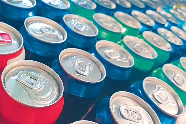 Rows of colorful metal cans