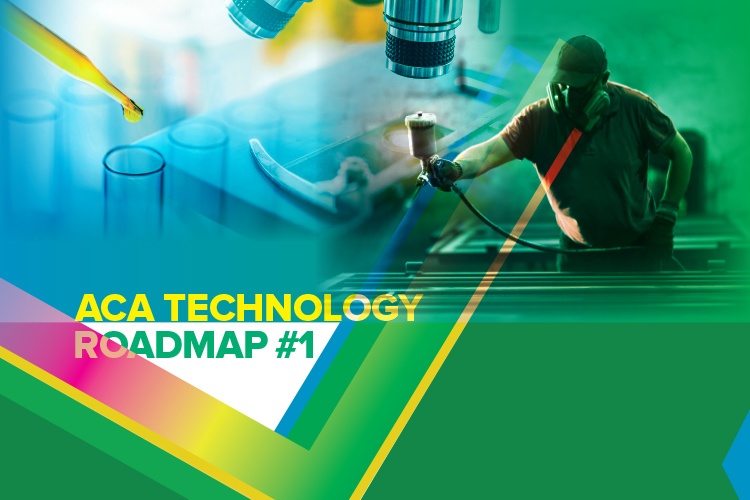 Graphic featuring the headline "ACA Technology Roadmap #1" with pictures of lab equipment and a person spraying coating on an object.