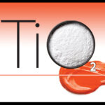 Graphic of text reading "TiO2" for titanium dioxide. The O is filled with white powder and a trail of orange paint pools below it.