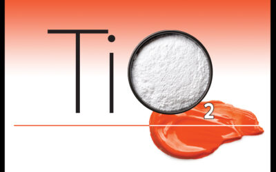 Graphic of text reading "TiO2" for titanium dioxide. The O is filled with white powder and a trail of orange paint pools below it.