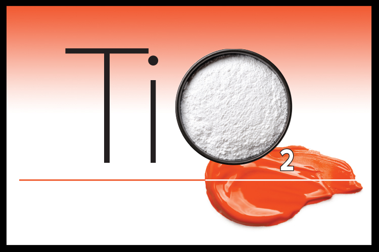 Graphic of text reading "TiO2" for titanium dioxide. The O is filled with white powder and a trail of orange paint pools below it.