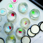 Decorative image of petri dishes with drops of colorful liquid.